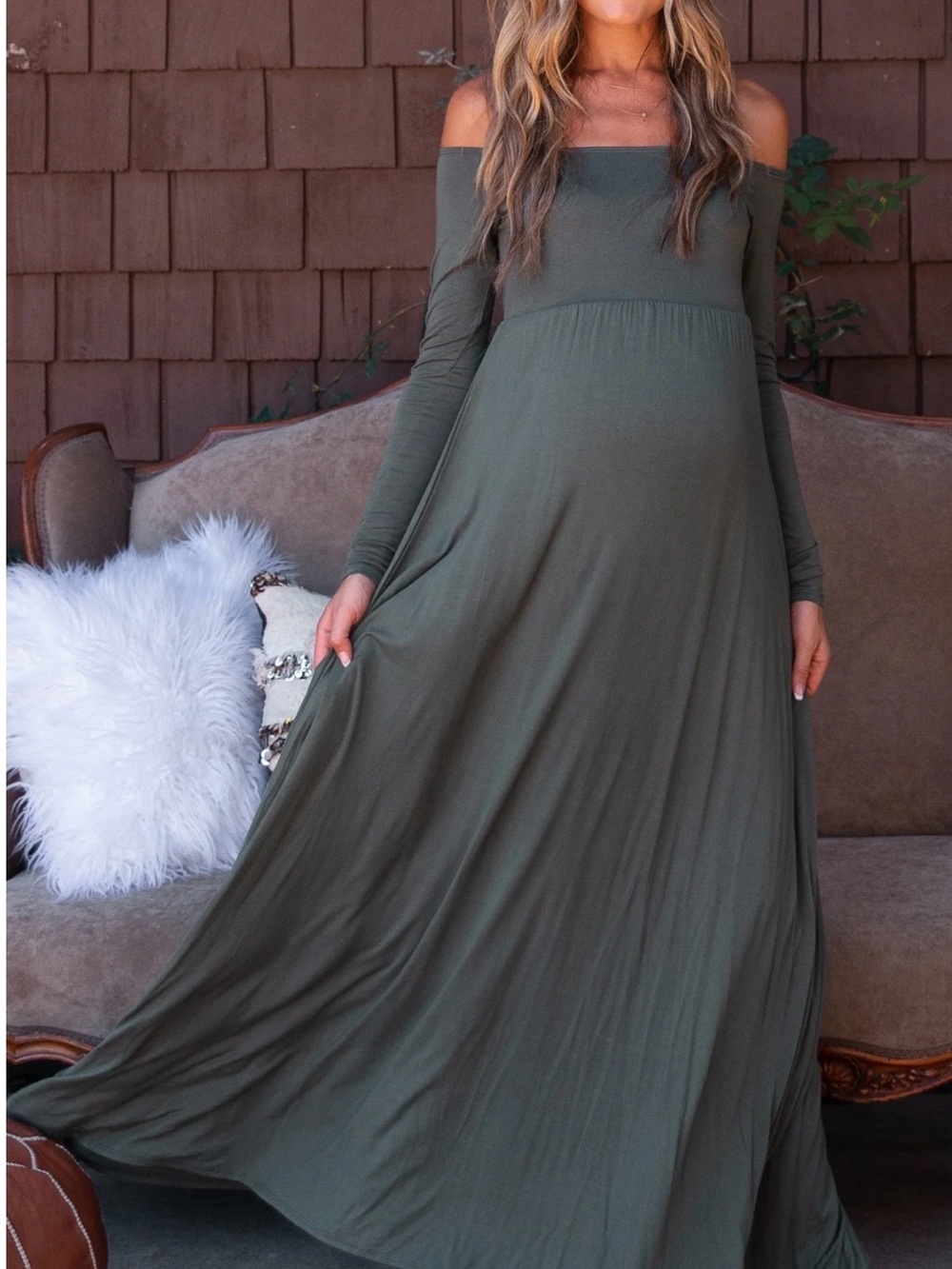 Pinkblush Olive Off Shoulder Long Sleeve Maxi Maternity Dress (retails $79) - Picture 1 of 5